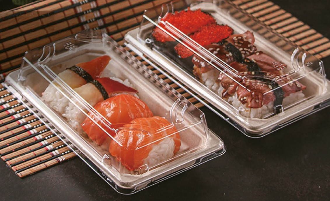 Eko pojemnik SUSHI TACKA niedzielony trzcina cukrowa PTC T04 164x89x21mm 50szt. z deklem PETkomplet Eko pojemnik SUSHI TACKA niedzielony trzcina cukrowa PTC T04 164x89x21mm 50szt. z deklem PETkomplet